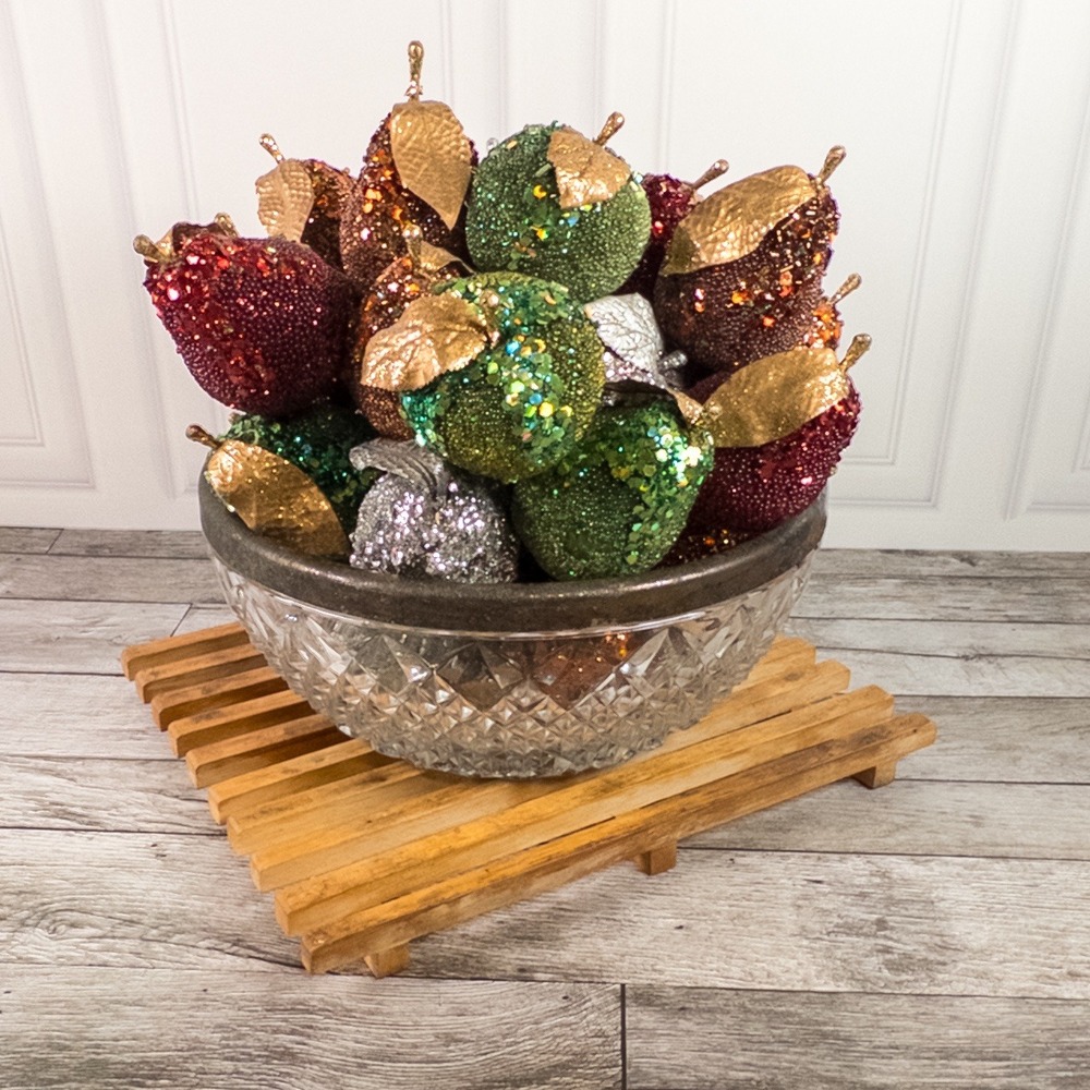 Vintage Glitter Beaded Artificial Fruit Set with Cut Glass Bowl Centerpiece
